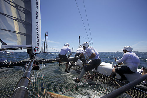 On board Bertrand Pacs Aleph at the America's Cup World Series, Cascais, Portugal, August 6-14, 2011. Photo copyright Morris Adant.