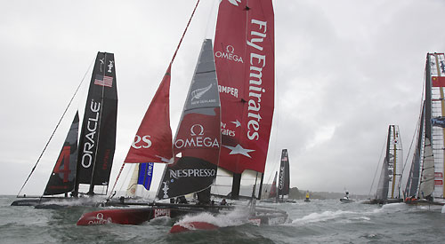 Dean Barker's Emirates Team New Zealand ahead of the fleet at the America's Cup World Series, Plymouth, UK, September 10-18, 2011. Photo copyright Morris Adant.