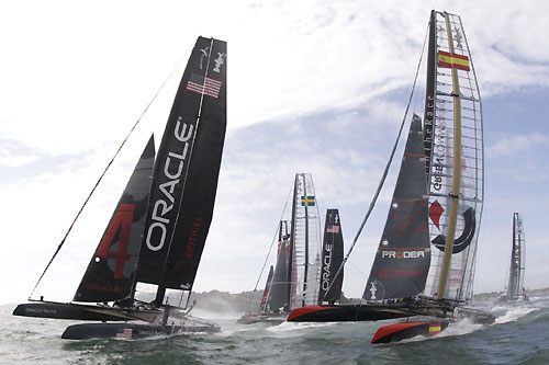 James Spithill's ORACLE Racing ahead of Vasilij Zbogar's Green Comm Racing at the America's Cup World Series, Plymouth, UK, September 10-18, 2011. Photo copyright Morris Adant.