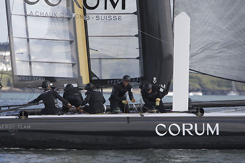 Loïck Peyron's Energy Team at the America's Cup World Series, Plymouth, UK, September 10-18, 2011. Photo copyright Morris Adant.
