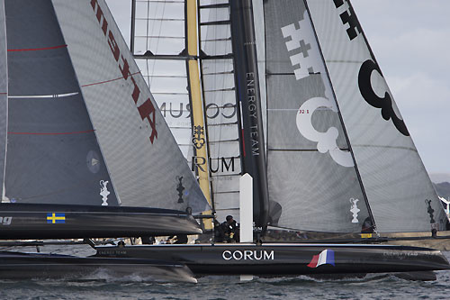 Loïck Peyron's Energy Team ahead of Terry Hutchinson's Artemis Racing at the America's Cup World Series, Plymouth, UK, September 10-18, 2011. Photo copyright Morris Adant.