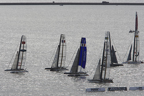 AC45 wing-sailed catamaran fleet at the America's Cup World Series, Plymouth, UK, September 10-18, 2011. Photo copyright Morris Adant.