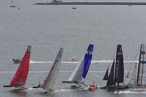 AC45 wing-sailed catamaran fleet at the America's Cup World Series, Plymouth, UK, September 10-18, 2011. Photo copyright Morris Adant.