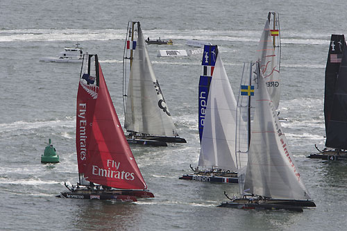 AC45 wing-sailed catamaran fleet at the America's Cup World Series, Plymouth, UK, September 10-18, 2011. Photo copyright Morris Adant.