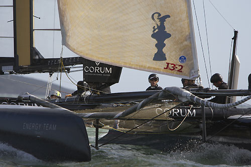 Loïck Peyron's Energy Team at the America's Cup World Series, Plymouth, UK, September 10-18, 2011. Photo copyright Morris Adant.