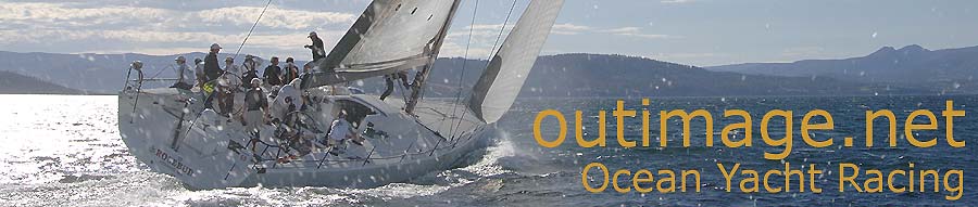 The outimage dot net ocean yacht racing banner is an image of Roger Sturgeon's Transpac 65 Rosbud from the United States, working up Hobart's Derwent River into the late afternoon to take out an overall win of the 2007 Sydney Hobart Yacht Race. The photograph was taken by Peter Andrews.